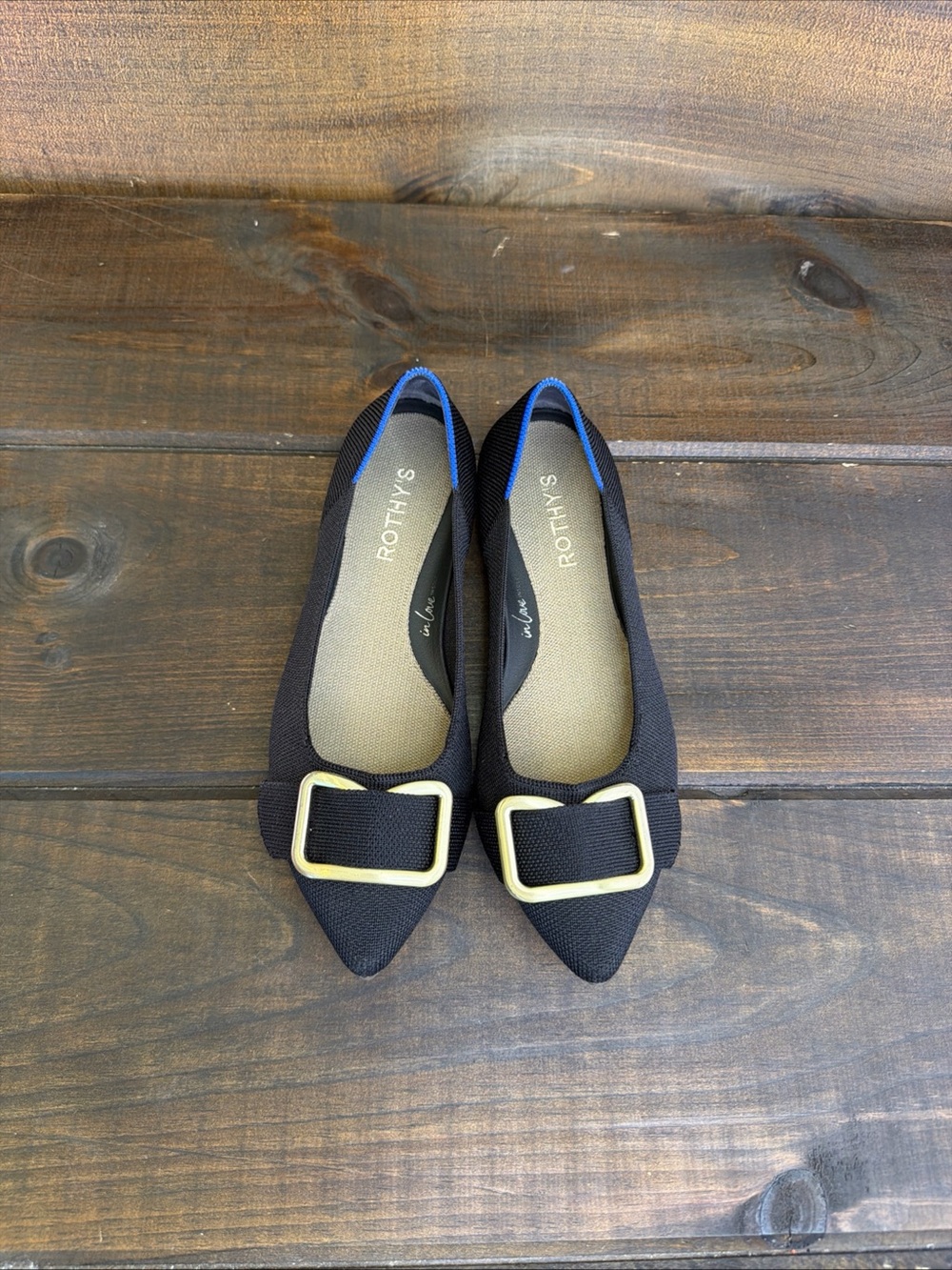 Rothy’s The Emblem Point II Black Knit Slip On Ballet Flats Shoes Women Size 7.5